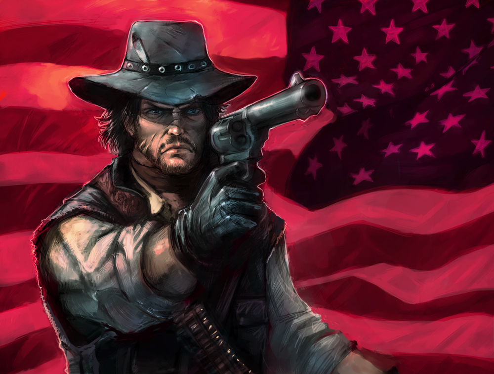 1boy american_flag bandolier beard belt blue_eyes boyaking brown_hair cowboy cowboy_hat cowboy_western facial_hair flag frown gloves gun gunbelt handgun hat john_marston male_focus red_dead_redemption red_dead_redemption_(series) revolver scar solo star_(symbol) upper_body vest weapon western