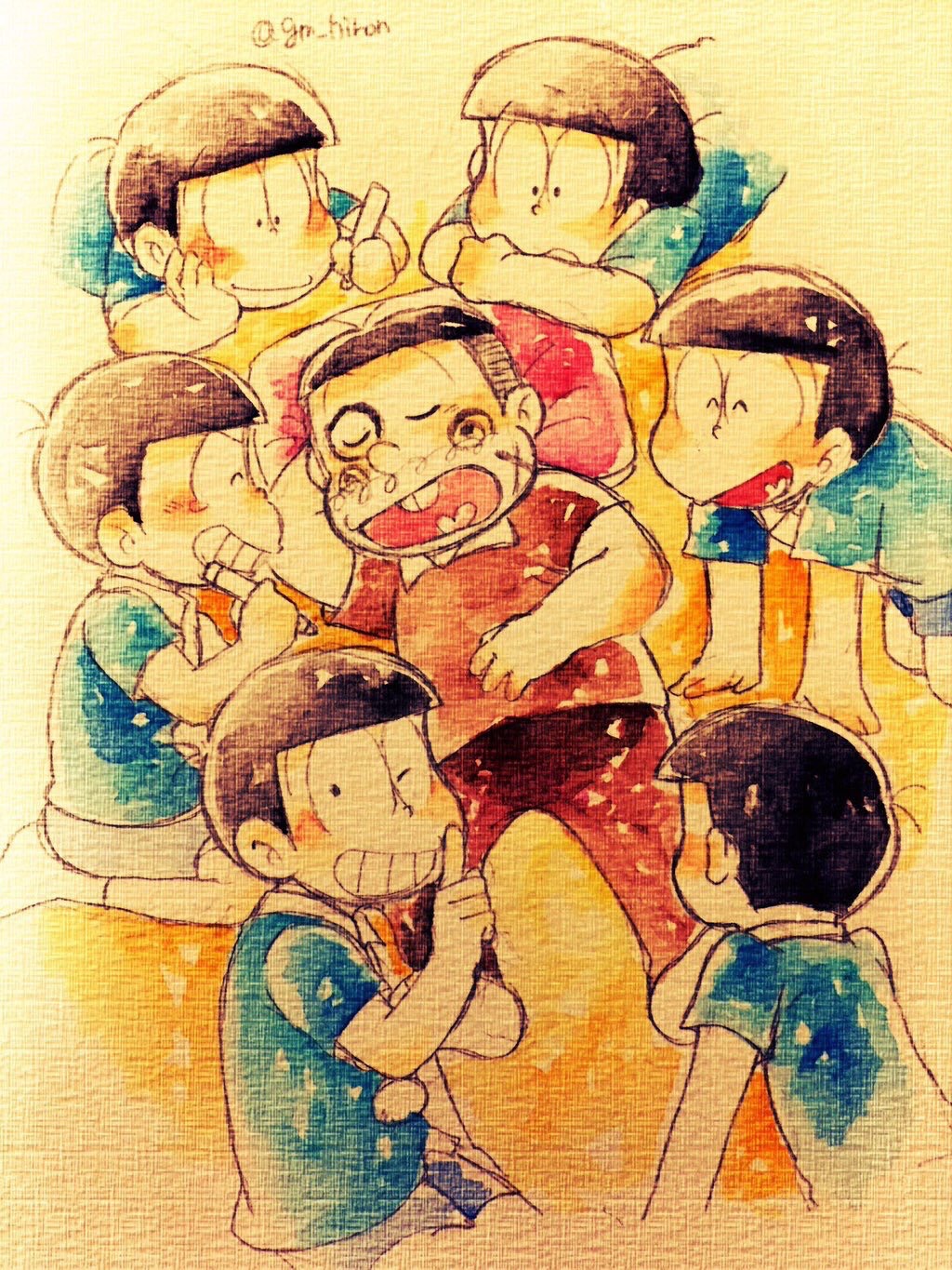 6+boys blue_skirt bowl_cut brothers buck_teeth closed_eyes collared_shirt drawing_on_another&#039;s_face fat fat_man father_and_son grin heart heart_in_mouth highres looking_at_viewer lying marker matsuno_choromatsu matsuno_ichimatsu matsuno_jyushimatsu matsuno_karamatsu matsuno_matsuzou matsuno_osomatsu matsuno_todomatsu multiple_boys on_back on_stomach one_eye_closed osomatsu-kun osomatsu_(series) sextuplets shirt siblings skirt smile teeth traditional_media tsubuta_hiro twitter_username