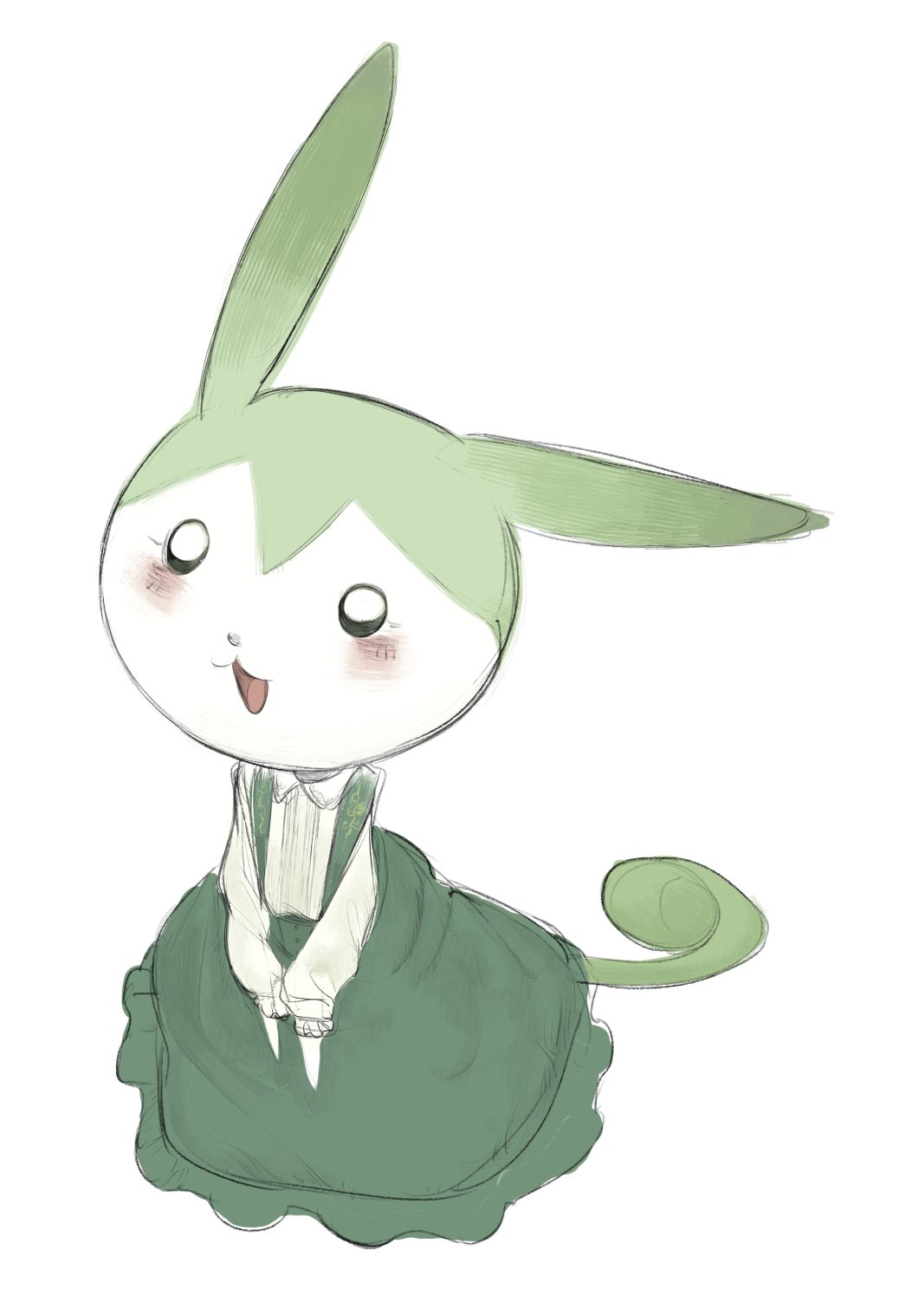 :3 alternate_costume blush collared_shirt commentary_request creature dress full_body g_perarikku green_dress green_skirt highres long_sleeves looking_at_viewer no_humans ojou-sama_zundamon open_mouth shirt simple_background sketch skirt smile suspender_skirt suspenders tail v_arms voiceroid white_background white_shirt zundamon zundamon_(utau)