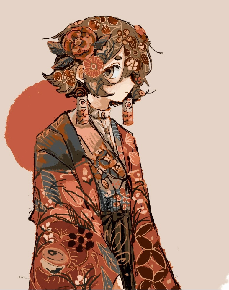 1other arms_at_sides black_pants brown_eyes brown_hair closed_mouth double_exposure expressionless flower fold-over_collar from_side grey_background hair_flower hair_ornament hakama high-waist_pants jacket japanese_clothes layered_clothes leaf_hair_ornament looking_at_viewer open_clothes open_jacket original other_focus pants print_jacket print_shirt profile red_flower red_jacket shirt short_eyebrows short_hair side_part sideways_glance simple_background solo standing wasabi_natsume white_shirt wide_sleeves