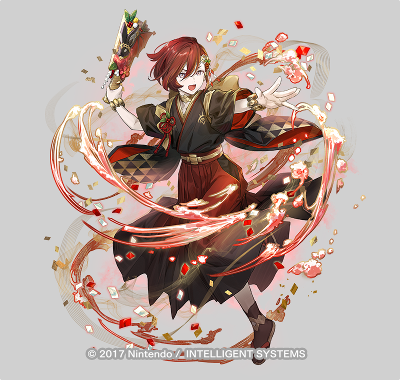 1boy animal_ears azu-taro bat_ears black_socks circlet elm_(fire_emblem) elm_(new_year)_(fire_emblem) emblem fire_emblem fire_emblem_heroes full_body grey_background hagoita hair_over_one_eye japanese_clothes kimono male_focus nintendo official_art open_mouth paddle red_hair rope sandals shimenawa smile socks solo tabi trap zouri