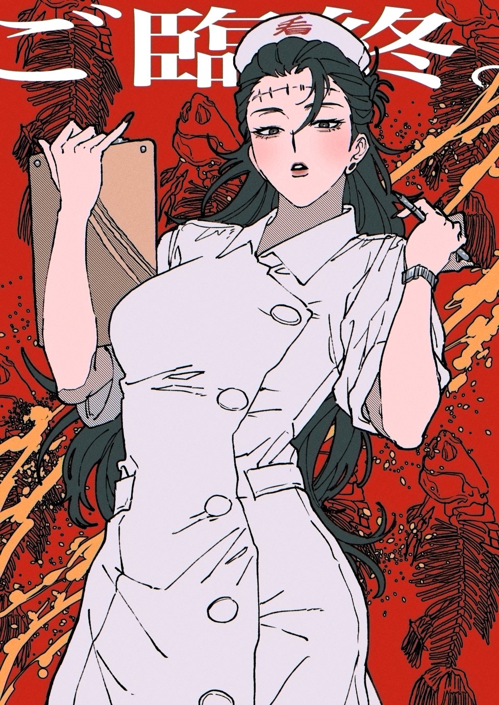 1girl black_eyes black_hair black_nails clipboard cropped_legs earrings fish_skeleton genderswap genderswap_(mtf) getou_suguru getou_suguru_(kenjaku) hat highres holding holding_clipboard holding_pen jewelry jujutsu_kaisen kenjaku long_hair looking_at_viewer mesuki_peropero nail_polish nurse nurse_cap open_mouth pen red_background red_nails scar scar_on_face solo stitches watch wristwatch