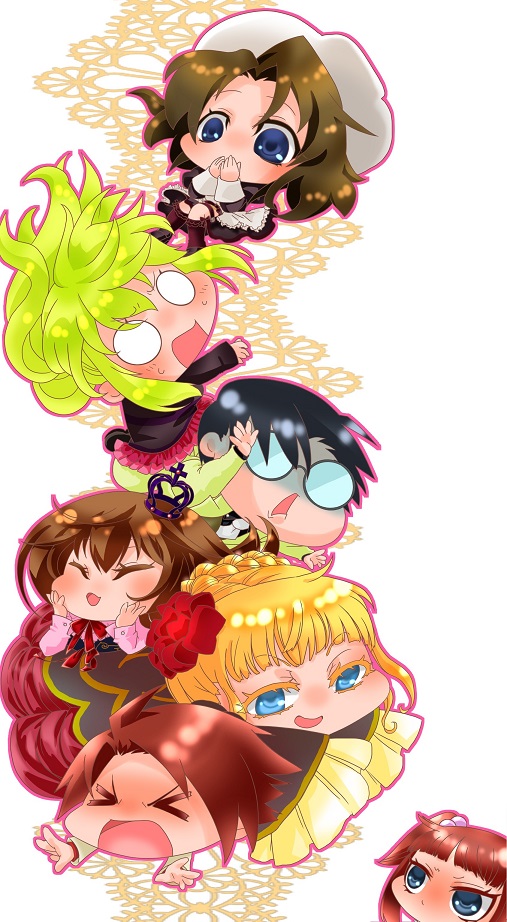 &gt;_&lt; 2boys 5girls akikan_(resembool) bad_id bad_pixiv_id beatrice_(umineko) black_hair blonde_hair blue_eyes brown_hair chibi crown closed_eyes flower glasses hair_bobbles hair_bun hair_flower hair_ornament multiple_boys multiple_girls no_naku_koro_ni_(series) ponytail red_hair rose shannon_(umineko) single_hair_bun umineko_no_naku_koro_ni ushiromiya_ange ushiromiya_battler ushiromiya_george ushiromiya_jessica ushiromiya_maria wide_sleeves