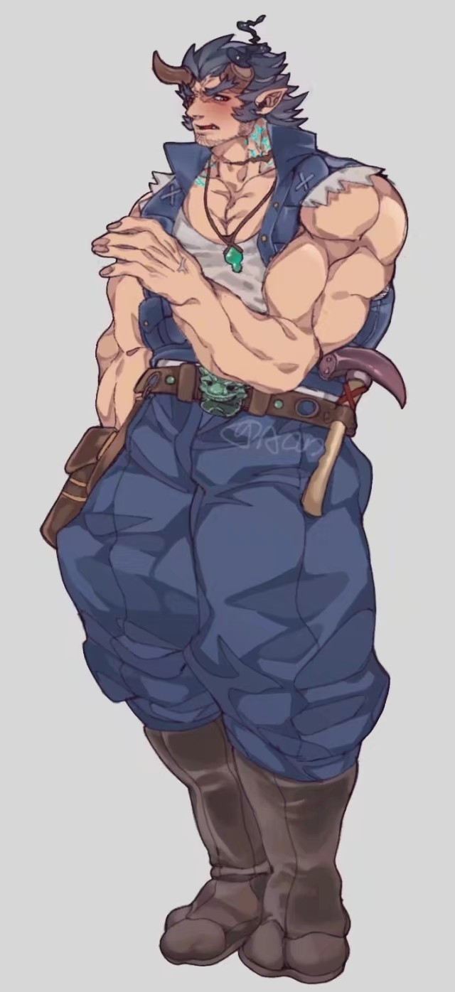1boy bara blue_hair blush boots broken_horn cargo_pants dark_blue_hair demon_boy demon_horns facial_hair full_body goatee_stubble hammer highres horns male_focus mechanic muscular muscular_male mutton_chops pants pectorals short_hair shy solo standing stubble suansushiji tachi-e takemaru_(housamo) thick_eyebrows tokyo_houkago_summoners torn_clothes torn_sleeves