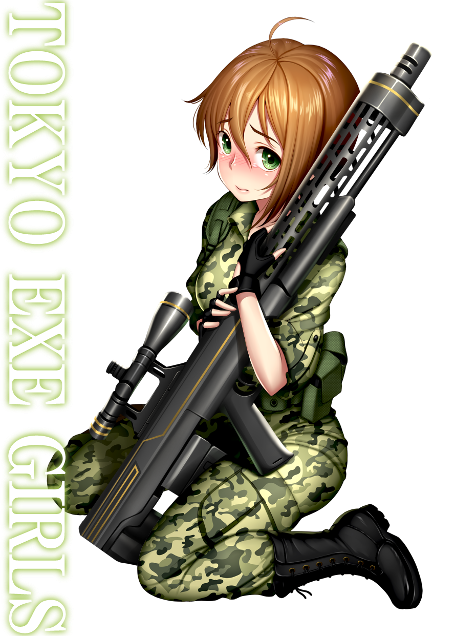 1girl ahoge bad_id bad_pixiv_id blush boots brown_hair camouflage camouflage_pants copyright_name female_focus fingerless_gloves full_body gloves green_eyes hair_between_eyes highres ichigaya_ayane jumpsuit looking_at_viewer military nose_blush official_art pants re:shimashima scope sitting solo tears tokyo_exe_girls wariza weapon