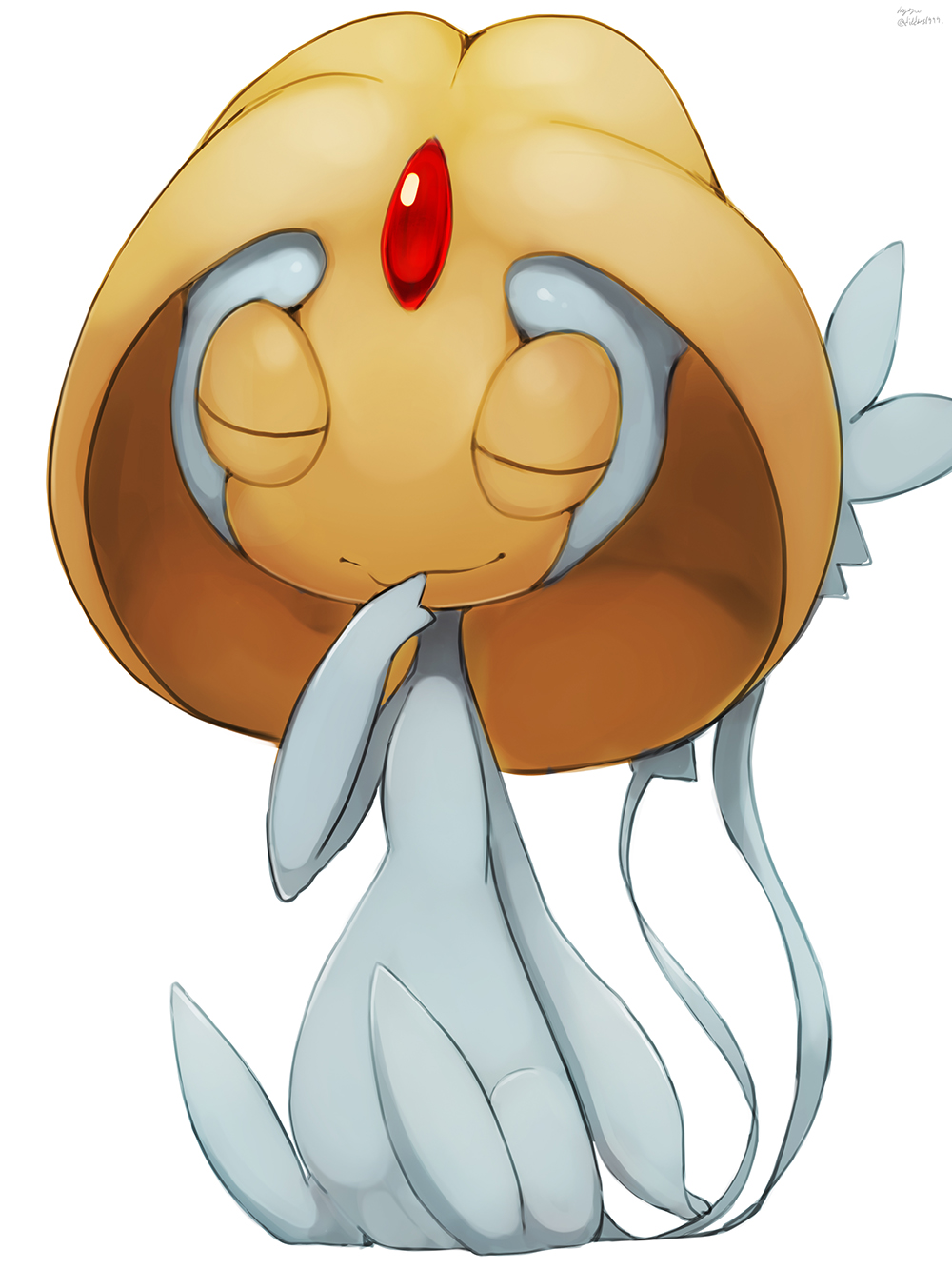 1girl artist_name blue_skin closed_eyes closed_mouth colored_skin female_focus flat_chest forehead_jewel full_body gen_4_pokemon hand_to_own_mouth hand_up highres legendary_pokemon multicolored_skin multiple_tails my700 nintendo pokemon pokemon_(creature) pussy signature simple_background sitting solo tail twitter_username two-tone_skin two_tails uncensored uxie white_background yellow_skin