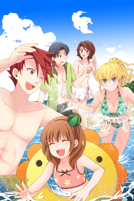 2boys 3girls ^_^ beach bikini black_hair blonde_hair blue_eyes breasts brown_hair cleavage closed_eyes day flying_sweatdrops front-tie_top fysr glasses grin long_hair medium_breasts multiple_boys multiple_girls no_naku_koro_ni_(series) ocean one_eye_closed open_mouth outdoors ponytail red_hair ryukishi07 shannon_(umineko) short_hair smile star_(symbol) star_print swimsuit umineko_no_naku_koro_ni ushiromiya_battler ushiromiya_george ushiromiya_jessica ushiromiya_maria wading water wink