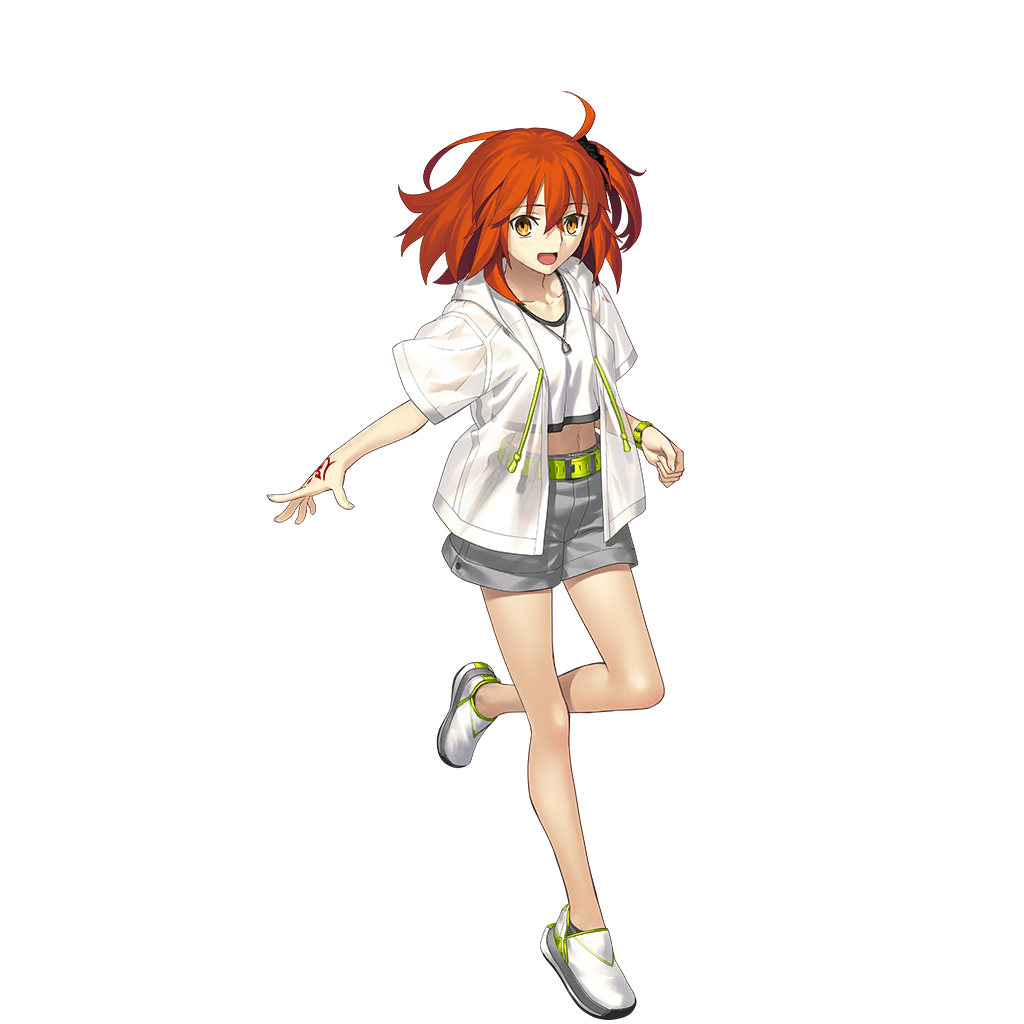 1girl ahoge belt casual command_spell crop_top fate/grand_order fate_(series) fujimaru_ritsuka_(female) fujimaru_ritsuka_(female)_(summer_street) full_body game_cg green_belt grey_shorts hood hood_down hoodie jewelry looking_at_viewer medium_hair midriff navel necklace official_art one_side_up open_mouth orange_eyes orange_hair see-through_clothes see-through_hoodie shoes short_sleeves shorts smile solo standing standing_on_one_leg tachi-e takeuchi_takashi third-party_source transparent_background watch white_shoes wristwatch