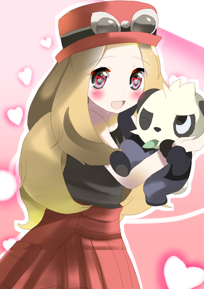 10s 1girl angeliclily black_eyes brown_hair carrying deviantart_username gen_6_pokemon glasses hat heart leaf long_hair mouth_hold nintendo pancham pink_hat pokemon pokemon_(creature) pokemon_xy serena_(pokemon)