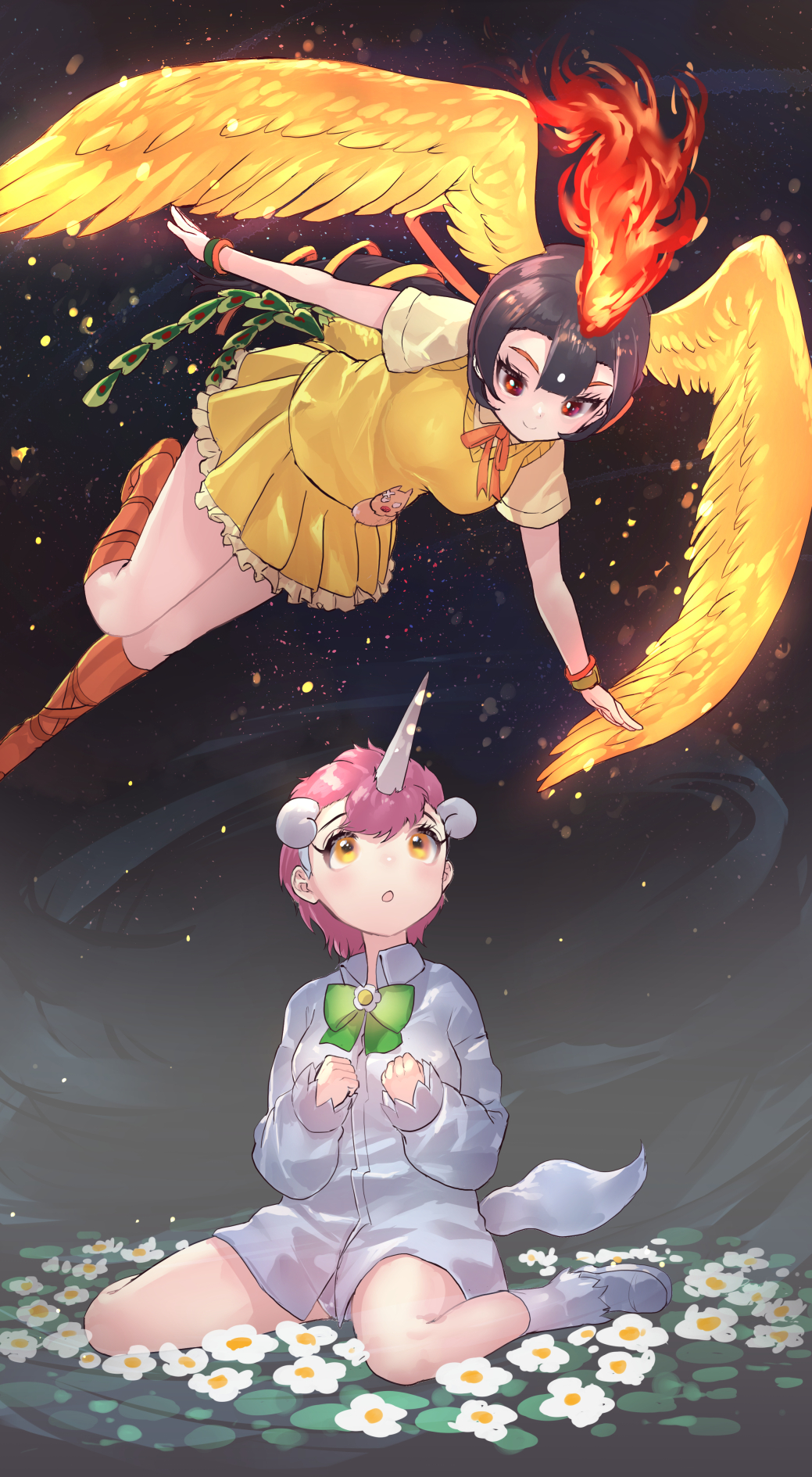 2girls bird_girl bird_wings black_hair bow bowtie collared_shirt fiery_hair flying frilled_skirt frills green_neckwear head_wings hi_no_tori_(kemono_friends) highres horns horse_tail kemono_friends kemono_friends_3 loafers long_hair long_sleeves looking_at_another looking_down looking_up midair multicolored_hair multiple_girls orange_legwear orange_shoes phoenix_wings pink_hair pleated_skirt shirt shoes short_hair short_sleeves single_horn sitting skirt socks tadano_magu tail two-tone_shirt unico unico_(kemono_friends) wariza white_footwear white_legwear white_shirt wings yellow_eyes yellow_shirt yellow_skirt