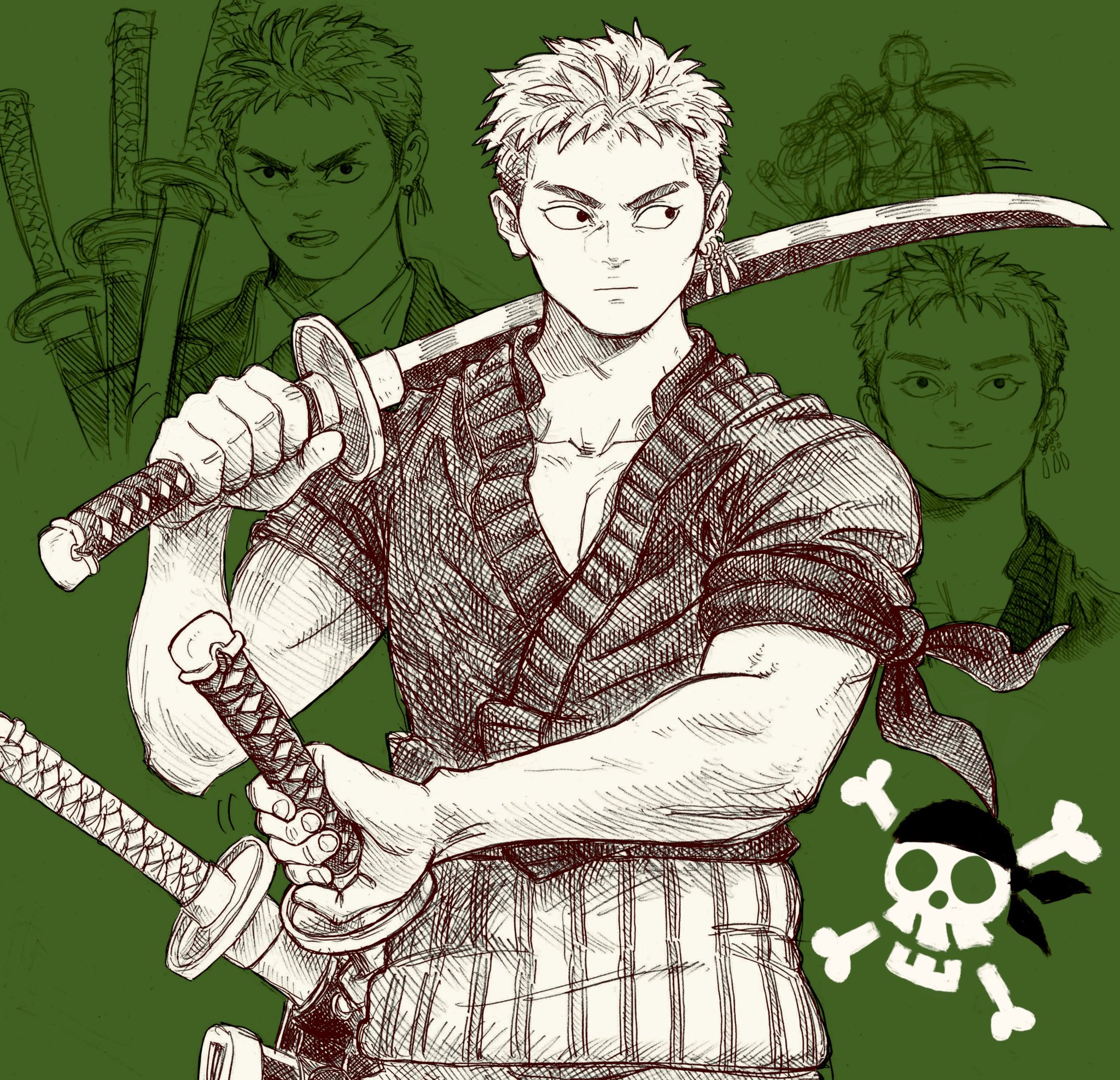 1boy aten_man cheekbones dual_wielding earrings green_background greyscale haramaki highres holding holding_sword holding_weapon jewelry jolly_roger katana male_focus monochrome multiple_views muscular muscular_male one_piece one_piece_(live_action) roronoa_zoro short_hair short_sleeves skull_and_crossbones smile sword weapon