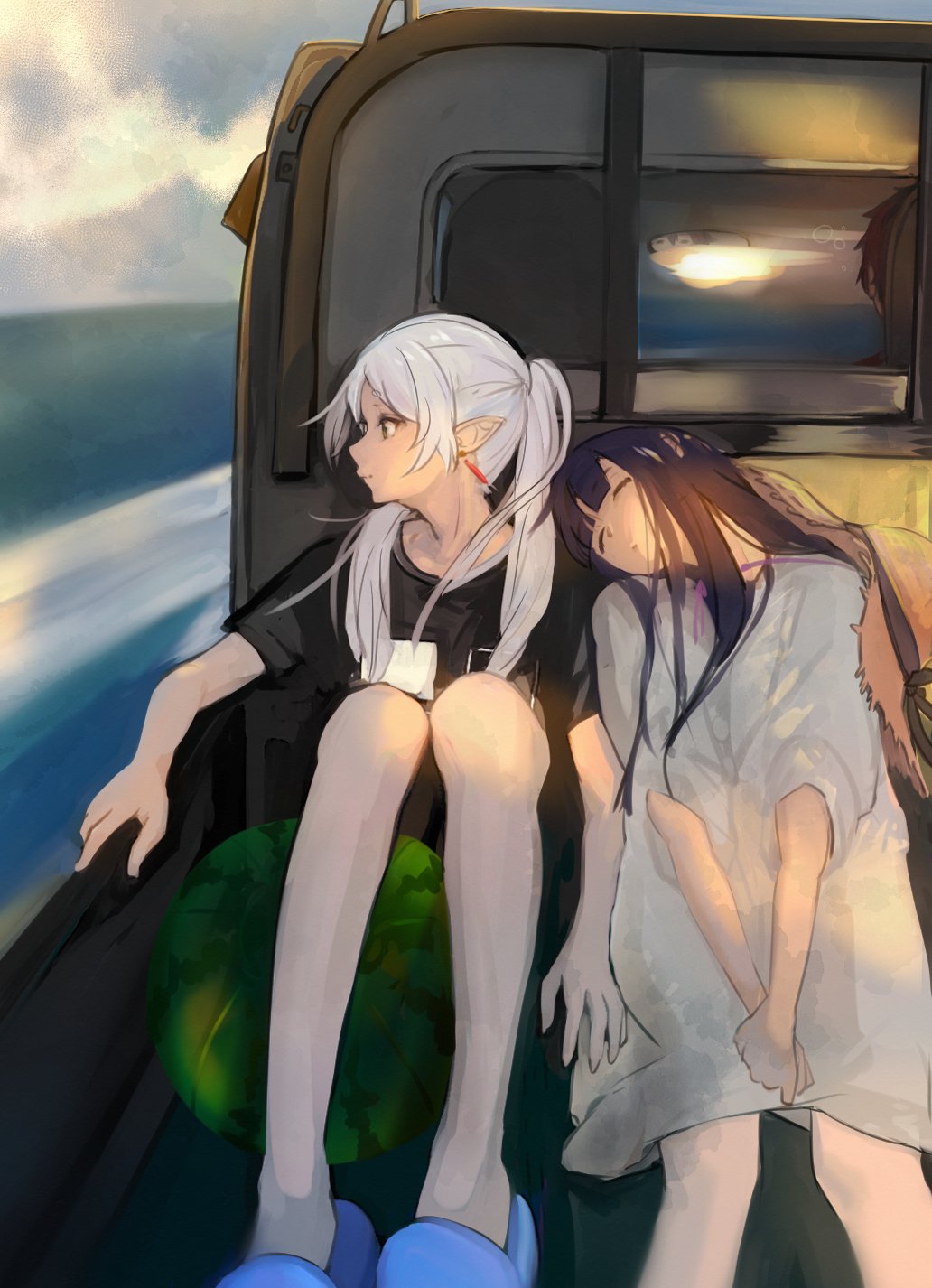 1boy 2girls black_shirt cloud cloudy_sky day dress earrings elf evening fern_(sousou_no_frieren) food frieren fruit hat head_on_another&#039;s_shoulder higemu highres jewelry kei_truck knees_up long_hair motor_vehicle multiple_girls pickup_truck pointy_ears purple_hair shirt sky sleeping sleeping_on_person slippers sousou_no_frieren stark_(sousou_no_frieren) straw_hat truck twintails watermelon white_dress white_hair