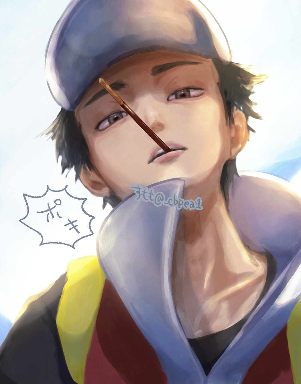 1boy brown_eyes cbpea1 collarbone commentary_request food food_in_mouth hat highres looking_at_viewer looking_down male_focus mouth_hold nintendo pocky pocky_in_mouth pokemon pokemon_frlg red_(pokemon) red_vest shirt short_hair solo strap teeth translation_request twitter_username upper_body upper_teeth_only vest white_background