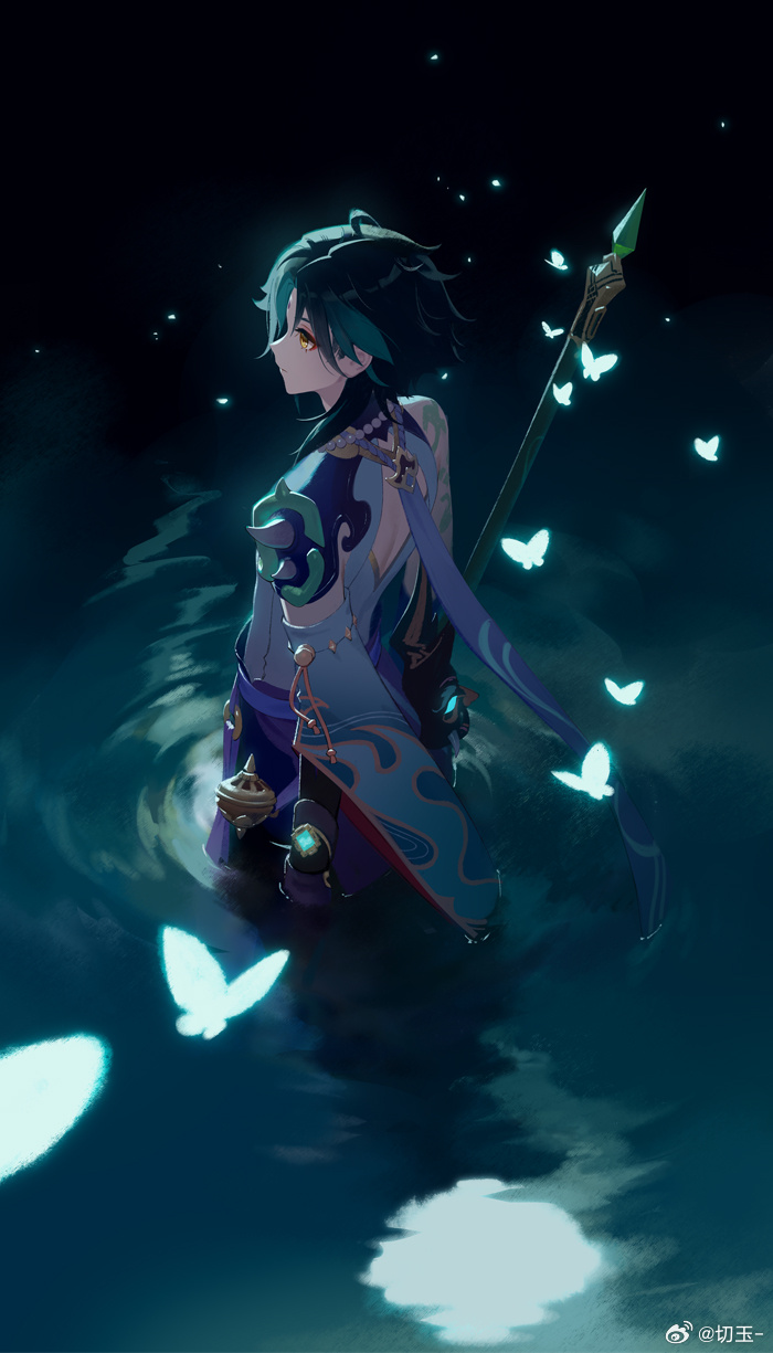 1boy ahoge asymmetrical_clothes bead_necklace beads bug butterfly commentary_request eyeshadow from_above genshin_impact gloves green_gloves green_hair highres holding holding_polearm holding_weapon insect jewelry makeup multicolored_hair necklace night night_sky partially_submerged polearm primordial_jade_winged-spear_(genshin_impact) red_eyeshadow rj_(lingshih10) shoulder_spikes sky solo spikes water weapon xiao_(genshin_impact) yellow_eyes