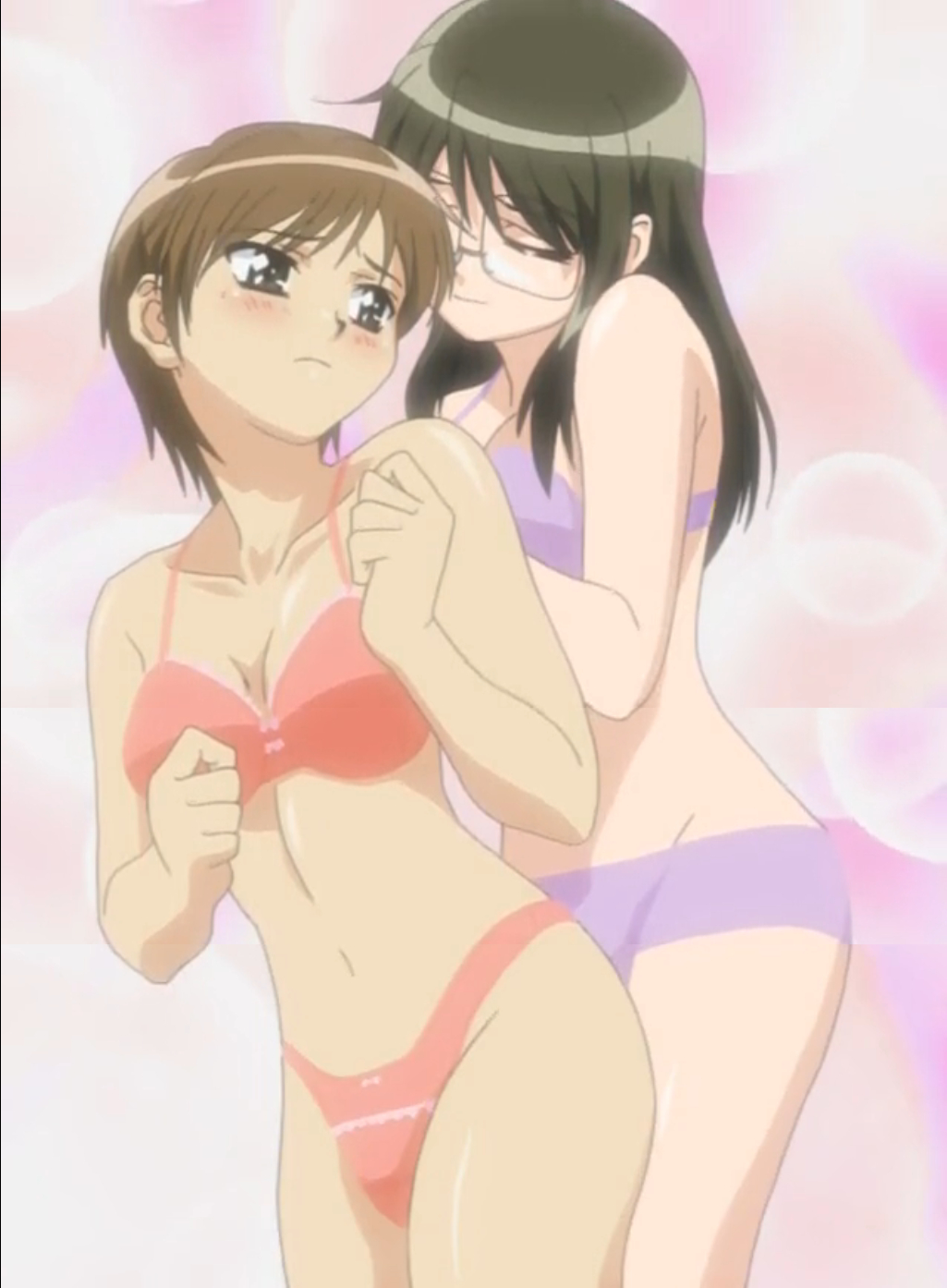 2girls bare_shoulders blush bra breasts brown_eyes brown_hair cleavage closed_eyes closed_mouth collarbone dot_nose female_focus glasses highres koi_koi_7 legs long_hair medium_breasts medium_hair multiple_girls navel panties pink_background purple_bra purple_panties red_bra red_panties satou_subaru standing stitched thighs third-party_edit underwear yamada_isuzu yuri
