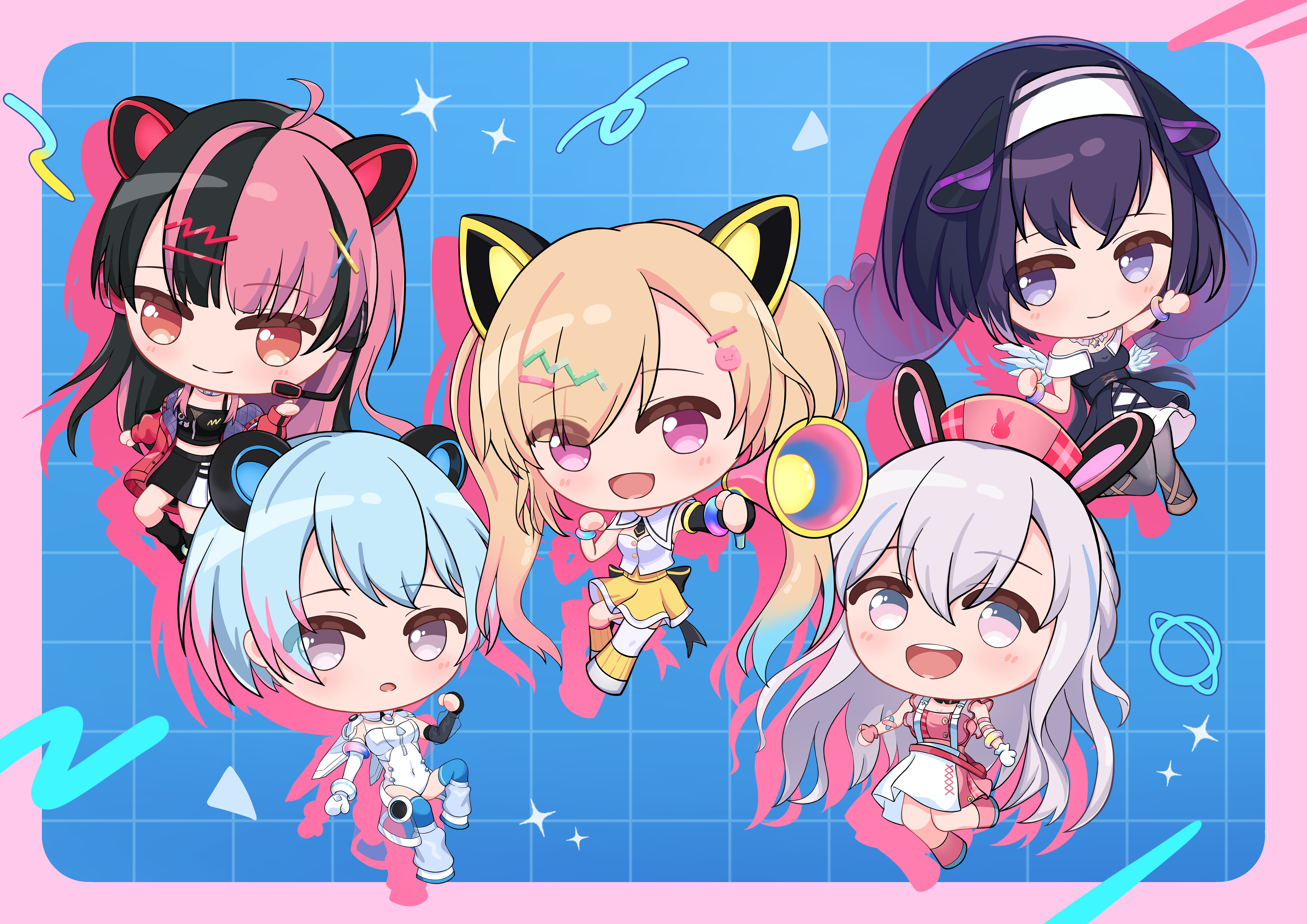 5girls absurdres animal_ears bang_dream! bang_dream!_mugendai_mewtype blonde_hair chibi double_bun fake_animal_ears fuji_miyako hair_bun hair_ornament hairband highres long_hair looking_at_viewer minetsuki_ritsu miyanaga_nonoka mugendai_mewtype multicolored_hair multiple_girls nakamachi_arale open_mouth sengoku_yuno skirt smile superraiser twintails virtual_youtuber
