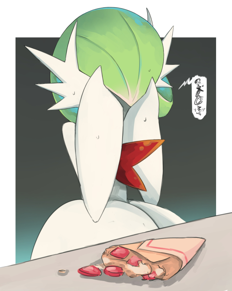 bob_cut colored_skin dmt_(auburn) dress dropped_food food gardevoir gen_3_pokemon gradient_background green_hair grey_background hand_over_face mega_gardevoir mega_pokemon nintendo pokemon pokemon_(creature) simple_background speech_bubble white_dress white_skin