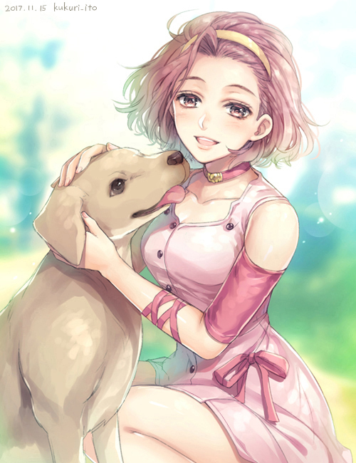 1girl animal arm_ribbon arnold_(jojo) artist_name bad_id bad_pixiv_id bare_shoulders blurry bokeh bow buttons choker collarbone commentary_request dated depth_of_field diamond_wa_kudakenai dog dress dress_bow dyresbroom hairband jojo_no_kimyou_na_bouken light_blush looking_at_viewer open_mouth petting pink_choker pink_dress pink_eyes pink_hair ribbon short_hair sleeveless sleeveless_dress smile solo squatting sugimoto_reimi