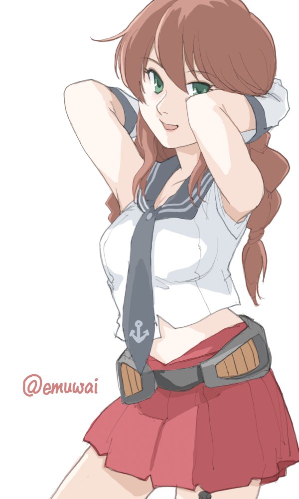 1girl anchor_symbol arms_behind_head black_necktie black_sailor_collar braid brown_hair contrapposto emuwai gloves green_eyes kantai_collection long_hair looking_at_viewer necktie noshiro_(kancolle) one-hour_drawing_challenge pleated_skirt red_skirt sailor_collar school_uniform serafuku shirt simple_background skirt sleeveless sleeveless_shirt solo swept_bangs twin_braids twitter_username white_background white_gloves white_shirt