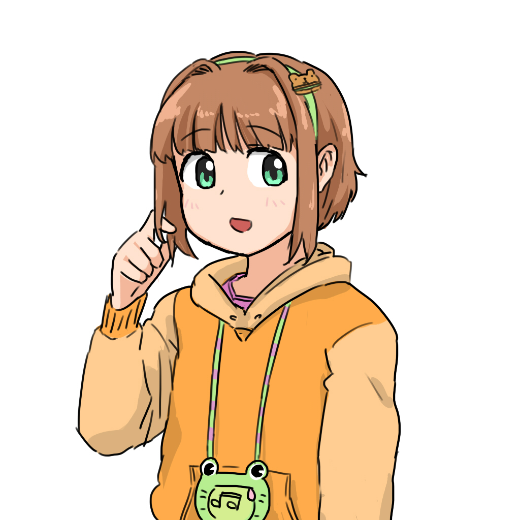 alternate_hairstyle annko brown_hair green_eyes headband idolmaster idolmaster_(classic) jacket jewelry looking_at_another necklace orange_jacket short_hair sidelocks simple_background takatsuki_yayoi twirling_hair white_background