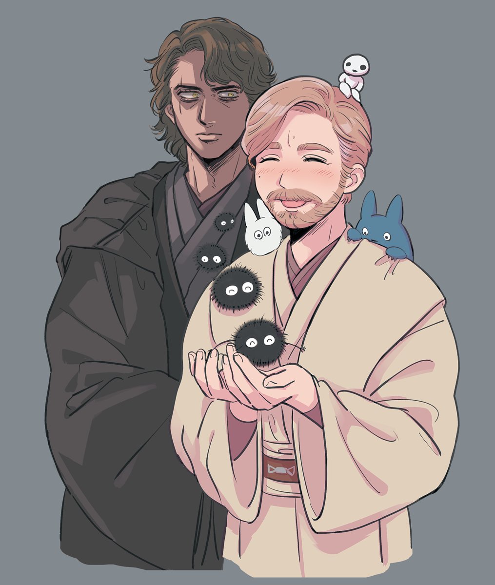 2boys anakin_skywalker beard belt blush brown_belt facial_hair grey_background highres jedi kodama masososo mole mole_under_eye mononoke_hime multiple_boys mustache obi-wan_kenobi open_mouth scar scar_across_eye scar_on_face shadow simple_background sith star_wars star_wars:_revenge_of_the_sith susuwatari tonari_no_totoro