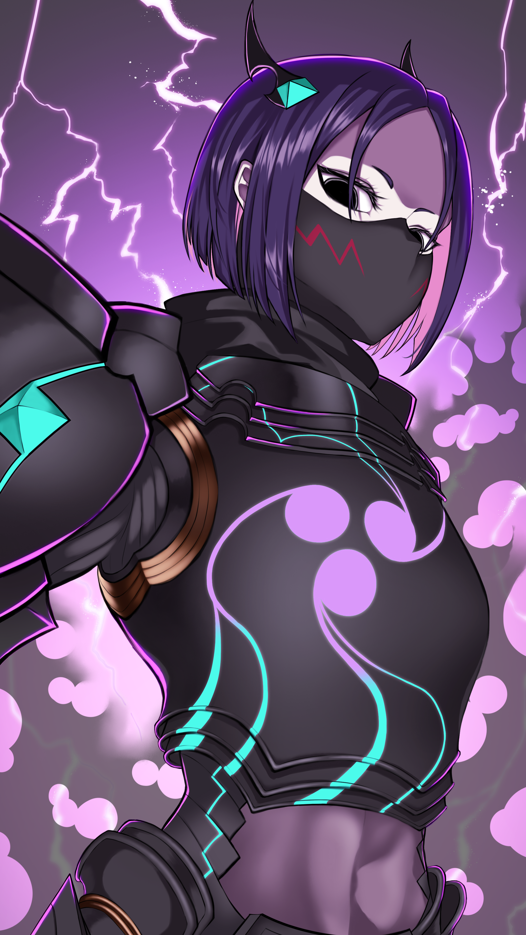 1girl absurdres armor black_armor black_eyes black_scarf bodysuit breasts covered_navel electricity fate/grand_order fate/samurai_remnant fate_(series) grey_bodysuit hair_ornament highres japanese_armor kuremon looking_at_viewer mask medium_breasts minamoto_no_raikou_(fate) mouth_mask neon_trim ninja parted_bangs purple_hair scarf short_hair solo ushi_gozen_(avenger)_(fate) ushi_gozen_(avenger)_(second_ascension)_(fate) ushi_gozen_(fate) ushi_gozen_(fate/samurai_remnant)