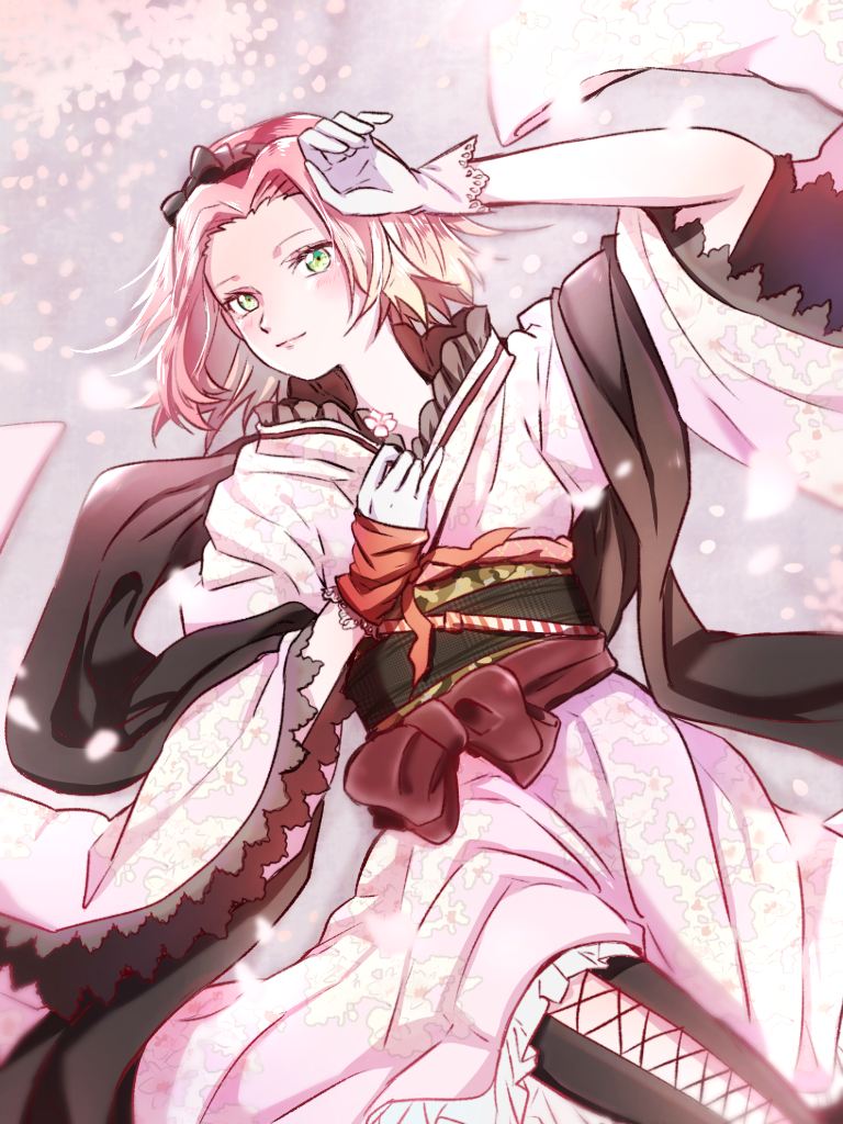 1girl black_hairband blush bow bow_hairband closed_mouth eyelashes feet_out_of_frame gloves green_eyes hairband haruno_sakura japanese_clothes kimono lying mizuto_(o96ap) naruto_(classic) naruto_(series) on_back pink_hair pink_kimono red_bow sash short_hair solo white_gloves wide_sleeves