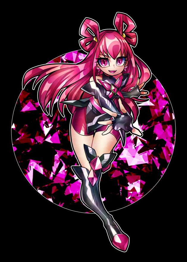 1girl bike_shorts black_background black_boots boots brooch butterfly_brooch butterfly_earrings commentary_request crystal dark_cure_(yes!_precure_5) dark_dream dark_persona dual_persona earrings elbow_gloves fingerless_gloves full_body gloves hair_ornament hair_rings hairclip jewelry knee_boots long_hair looking_at_viewer magical_girl midriff nishimura_chinami open_mouth pink_eyes pink_hair pink_shorts precure reaching reaching_towards_viewer senmu_(0107) shorts shorts_under_skirt simple_background skirt smile solo yes!_precure_5