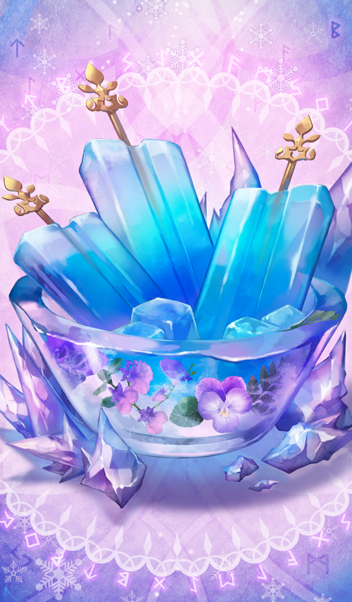 bowl commentary eihi fate/grand_order fate_(series) flower flower_request food food_focus frozen_flower futhark ice ice_cube leaf no_humans official_art popsicle purple_background purple_flower runes snowflakes still_life third-party_source