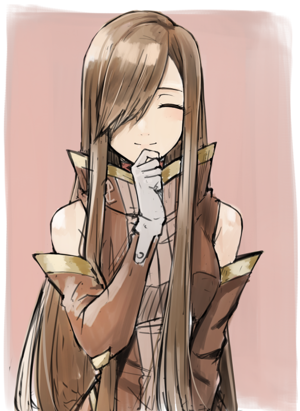 1girl bare_shoulders breasts brown_dress brown_hair brown_sleeves closed_eyes closed_mouth detached_sleeves dress facing_viewer gloves hair_over_one_eye hand_on_own_chin high_collar light_blush long_hair medium_breasts rourou_ill sidelocks sleeveless sleeveless_dress smile solo straight-on straight_hair tales_of_(series) tales_of_the_abyss tear_grants upper_body white_gloves