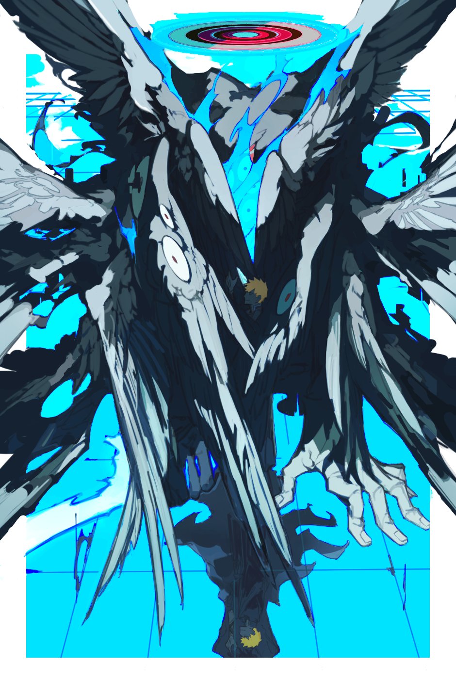 2boys alternate_form angel angel_wings biblically_accurate_angel bleach blue_fire different_reflection eyes_on_wings fire halo highres japanese_clothes kurosaki_ichigo multiple_boys multiple_wings orange_hair panyasan_777 reflection shihakusho size_difference smile window wings zangetsu_(bleach)