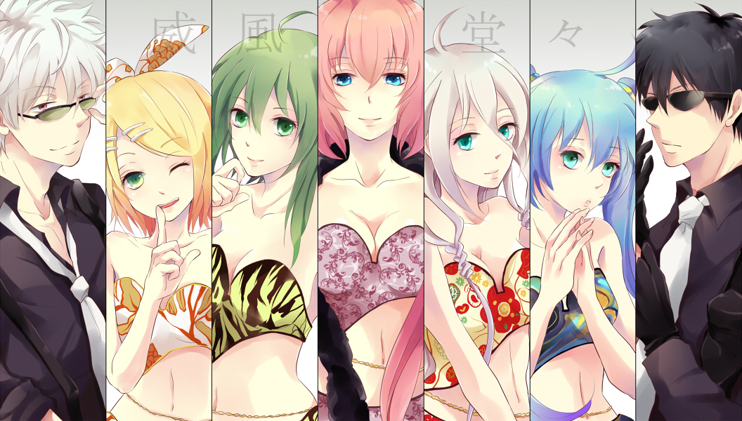 2boys 5girls adjusting_eyewear aqua_eyes aqua_hair bare_shoulders black_gloves black_hair black_shirt blonde_hair blue_dress blue_eyes bow breasts crossover dress finger_to_mouth floral_print gintama gloves gradient_hair green_eyes green_hair grey_hair gumi hair_between_eyes hair_bow hair_ornament hair_ribbon hairclip hatsune_miku hijikata_toushirou ia_(vocaloid) ifuudoudou_(vocaloid) kagamine_rin large_breasts long_hair long_sleeves looking_at_viewer medium_breasts megurine_luka multicolored_hair multiple_boys multiple_girls natsuwo navel necktie one_eye_closed orange_hair pink_dress pink_hair red_eyes ribbon sakata_gintoki shirt short_hair short_hair_with_long_locks shushing simple_background smile sunglasses tinted_eyewear twintails very_long_hair vocaloid white_bow white_dress white_hair white_necktie yellow_dress