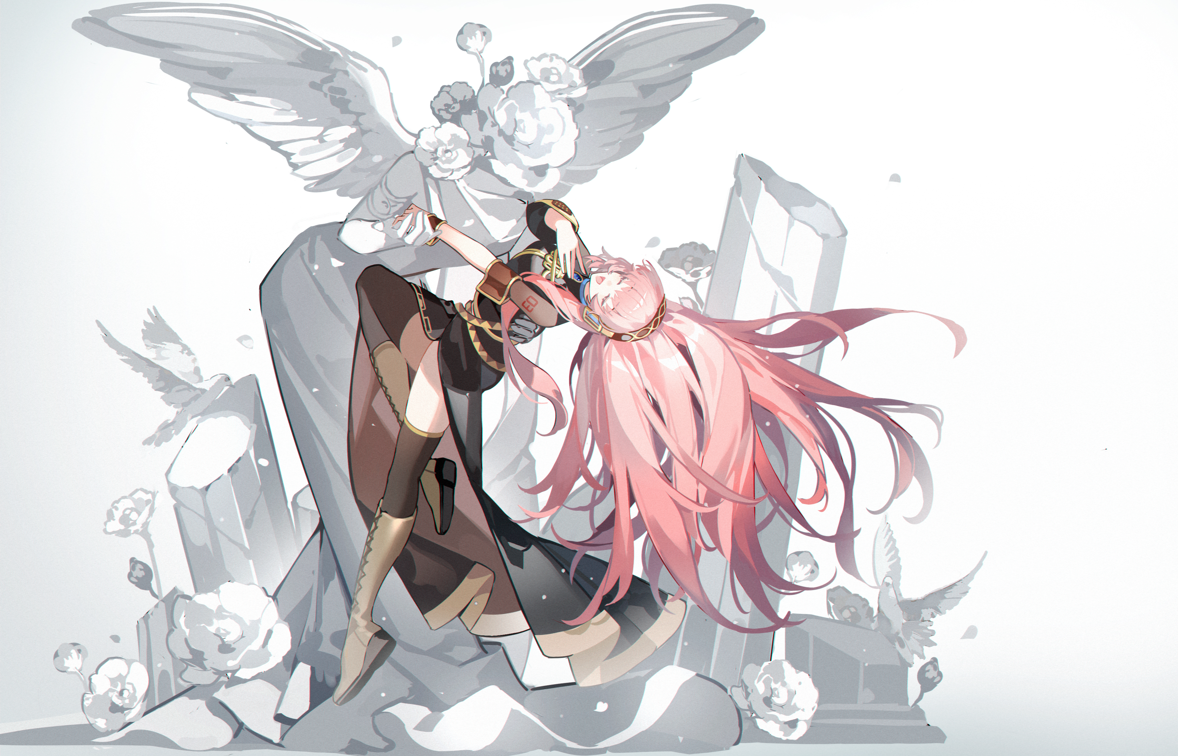 1girl absurdres angel_statue birthday boots broken_statue closed_eyes commentary detached_sleeves english_commentary flower full_body headphones headset highres kazenemuri knee_boots knee_up long_hair long_skirt megurine_luka music open_mouth pink_hair side_slit singing single_detached_sleeve skirt solo statue thighhighs very_long_hair vocaloid white_flower