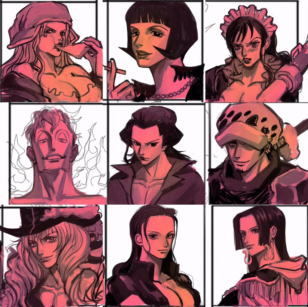 4boys 5girls baby_5 blunt_bangs boa_hancock cavendish_(one_piece) cigarette commentary_request drill_hair earrings eating epaulettes food hair_slicked_back hat_feather holding holding_cigarette insect_candy izou_(one_piece) jewelry jewelry_bonney long_hair looking_at_viewer maid_headdress marco_(one_piece) multiple_boys multiple_drawing_challenge multiple_girls nico_robin nico_robin_(return_to_sabaody) one_piece pizza shakuyaku_(one_piece) short_hair sidelocks simple_background snake_earrings sword trafalgar_law weapon