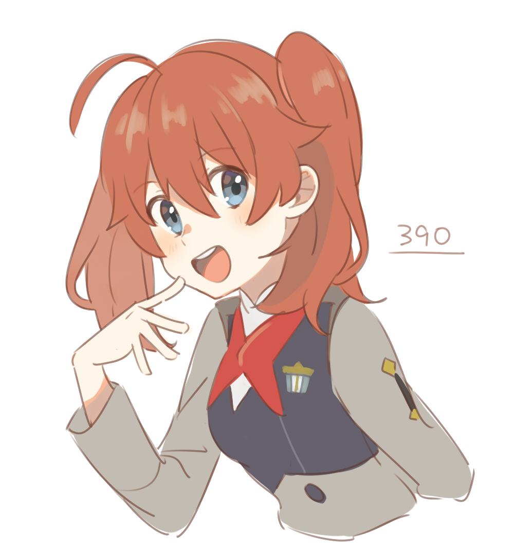 1girl ahoge arm_up blue_eyes blush breasts brown_hair darling_in_the_franxx female_focus hair_between_eyes long_sleeves looking_at_viewer medium_hair miku_(darling_in_the_franxx) military military_uniform open_mouth simple_background solo teeth twintails unapoppo upper_body white_background