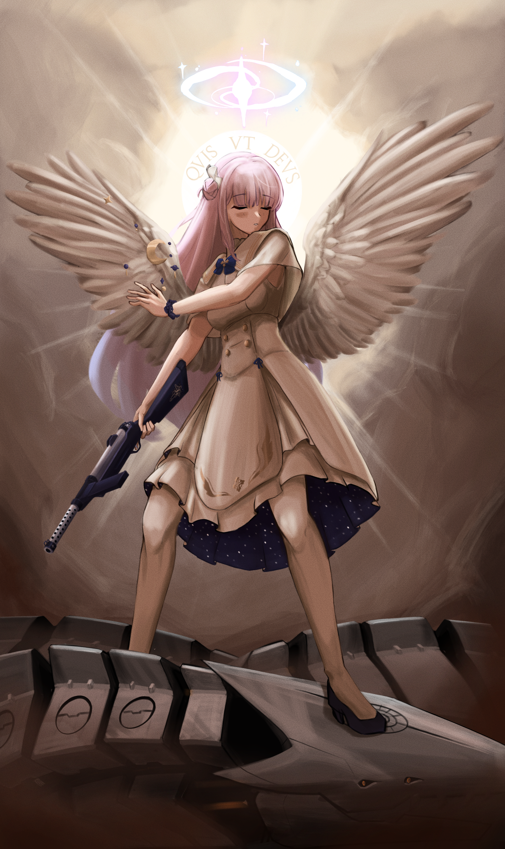 1girl absurdres angel_wings binah_(blue_archive) blue_archive blush buttons capelet closed_eyes commentary double-breasted dress english_commentary feathered_wings full_body gun hair_bun hair_ribbon halo highres holding holding_gun holding_weapon lanchester_smg latin_commentary latin_text long_hair low_wings mika_(blue_archive) mixed-language_commentary pantyhose parted_lips pink_hair pink_halo prismaticgeyser ribbon single_side_bun sleeveless sleeveless_dress solo standing starry_sky_print submachine_gun underbust weapon white_capelet white_dress white_pantyhose white_ribbon white_wings wings