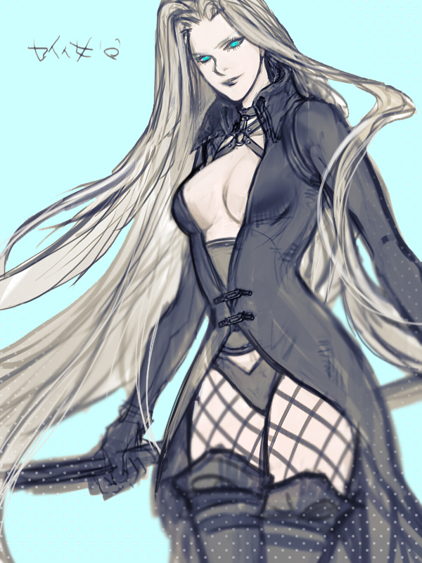 1990s_(style) 1girl blue_eyes breasts cleavage female_focus final_fantasy final_fantasy_vii fishnet_pantyhose fishnets genderswap genderswap_(mtf) gloves j_(onose1213) katana long_hair medium_breasts pantyhose retro_artstyle sephiroth sheath sheathed silver_hair solo sword thighhighs weapon