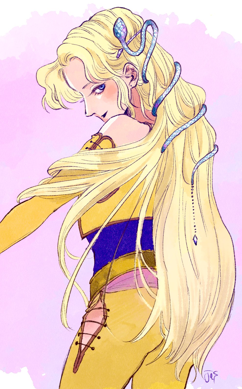 1girl artist_name bare_shoulders blonde_hair blue_eyes blue_shirt blush celes_chere cowboy_shot cropped_vest detached_sleeves final_fantasy final_fantasy_vi hair_ornament highres jas_(jasjasjasart) long_hair looking_at_viewer pants parted_bangs pink_background shirt sidelocks snake_hair_ornament solo upper_body vest wavy_hair yellow_pants yellow_sleeves yellow_vest