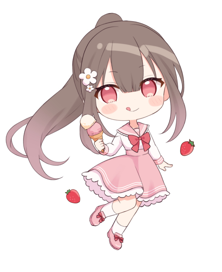 1girl blush_stickers bow bowtie brown_hair chamomile chibi chibi_only closed_mouth commentary flower food footwear_bow frilled_sailor_collar frilled_skirt frills fruit full_body furutori hair_between_eyes hair_flower hair_ornament high-waist_skirt holding holding_ice_cream_cone ice_cream ice_cream_cone licking_lips long_hair long_sleeves looking_at_viewer original pink_sailor_collar pink_shoes pink_skirt ponytail red_bow red_bowtie red_eyes sailor_collar school_uniform shirt shoes sidelocks simple_background skirt smile solo strawberry symbol-only_commentary tongue tongue_out very_long_hair white_background white_flower white_shirt