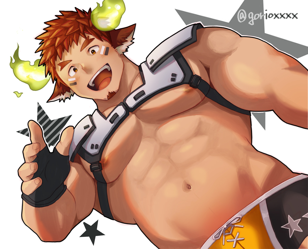 1boy abs animal_ears bara black_gloves blush brown_eyes brown_hair cow_boy cow_ears cow_horns dutch_angle eye_black facial_hair fiery_horns fingerless_gloves forked_eyebrows gloves glowing_horns goatee gorioxxxx horns large_pectorals looking_at_viewer male_focus muscular muscular_male navel nipples official_alternate_costume pectorals short_hair short_shorts shorts shoulder_pads simple_background smile solo spiked_hair star_(symbol) teeth thick_eyebrows tokyo_houkago_summoners topless_male twitter_username upper_teeth_only wakan_tanka white_background