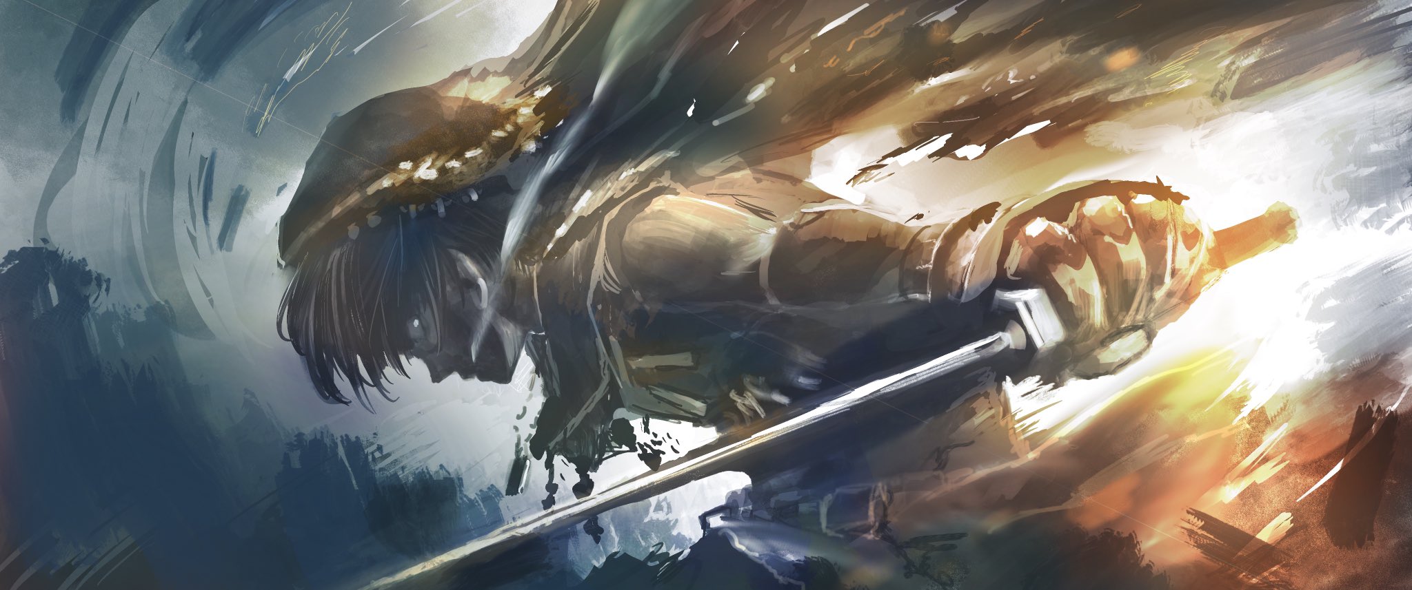 1other cowboy_shot fire from_side gauntlets glowing glowing_eyes highres holding holding_sword holding_weapon leaning_forward muted_color original sketch solo soraizumi sword weapon white_eyes wind
