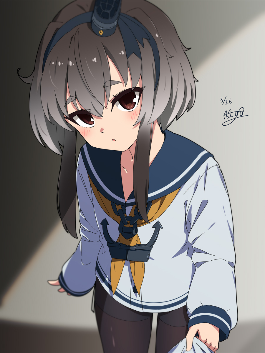 1girl anchor_necklace anchor_ornament black_hair black_thighhighs blue_sailor_collar brown_eyes clothes_tug dress gradient_hair grey_hair hat highres jewelry kantai_collection long_sleeves mini_hat multicolored_hair neckerchief necklace necono_(nekonosora1207) one-hour_drawing_challenge sailor_collar sailor_dress short_hair short_hair_with_long_locks smokestack_hair_ornament solo thighhighs tokitsukaze_(kancolle) white_dress yellow_neckerchief