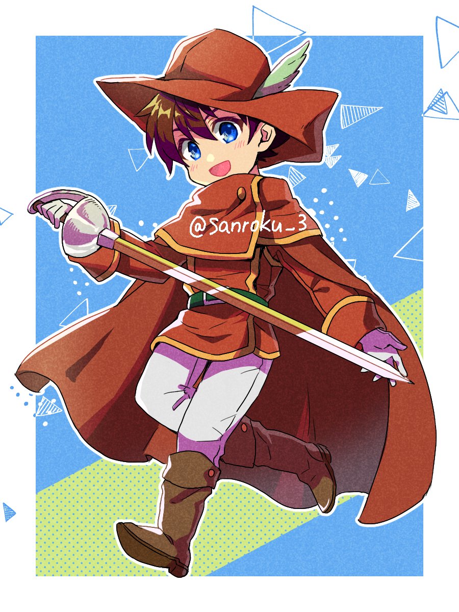 1boy bartz_klauser belt blue_background blue_eyes boots border brown_boots brown_hair coat final_fantasy final_fantasy_v full_body green_belt hair_between_eyes hat hat_feather highres holding holding_sword holding_weapon light_blush looking_at_viewer male_focus open_mouth pants red_coat red_hat red_mage_(final_fantasy) red_tunic sanroku_3 short_hair smile solo sword tunic twitter_username weapon white_border white_pants