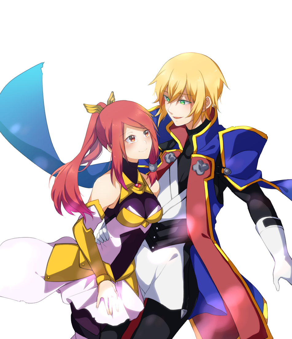 1boy 1girl bad_id bad_pixiv_id blazblue blonde_hair couple gloves green_eyes izayoi_(blazblue) kisaragi_jin long_hair lor_(roasyerizyonirapi) ponytail red_eyes red_hair simple_background smile tears tsubaki_yayoi uniform white_background