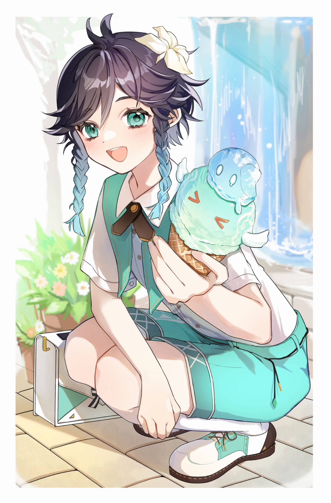 1boy :d alternate_costume anemo_slime_(genshin_impact) aqua_hair aqua_shorts black_hair border braid commentary_request dress_shirt fingernails flower food from_side genshin_impact green_eyes hair_flower hair_ornament highres holding holding_food holding_ice_cream ice_cream light_blush looking_at_viewer male_focus multicolored_hair open_mouth outdoors shadow shirt shorts slime_(genshin_impact) smile solo squatting tamao_tamaki teeth twin_braids upper_teeth_only venti_(genshin_impact) water waterfall white_border white_flower white_footwear white_shirt
