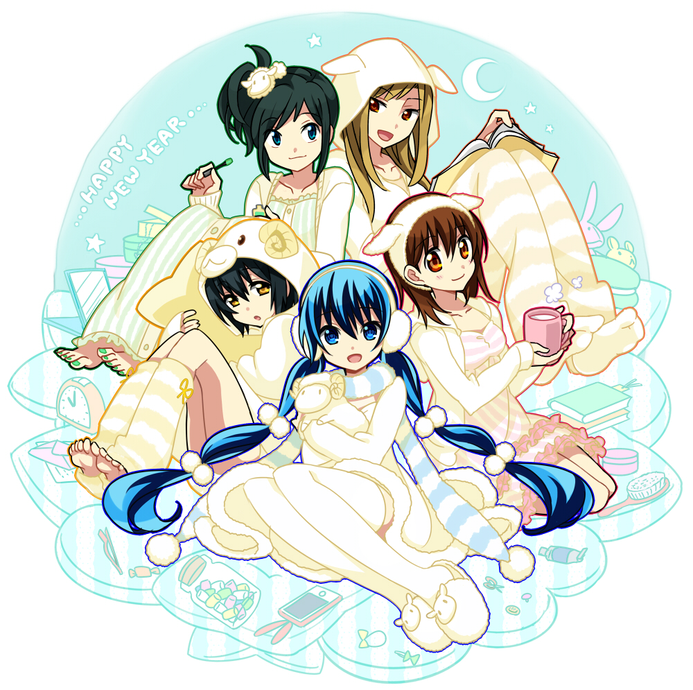 5girls :d :o alarm_clock alternate_hairstyle animal_costume animal_ears animal_hood aosa_(michikusakan) barefoot black_hair blonde_hair blue_eyes blue_hair brown_eyes brown_hair brush candy cellphone clock crescent_moon cup earmuffs envelope feet food frills fur_trim hair_bobbles hair_ornament happy_new_year hood horns ienaga_kana jar jewelry keikain_yura leg_warmers letter long_hair looking_at_viewer maki_saori_(nurarihyon_no_mago) marshmallow mirror moon mug multiple_girls nail_polish new_year nightgown nurarihyon_no_mago open_mouth pajamas paper phone pillow scarf sheep_costume sheep_ears sheep_horns short_hair side_ponytail sleepover slippers smartphone smile socks star_(symbol) striped stuffed_animal stuffed_sheep stuffed_toy thighhighs torii_natsumi tweezers twintails vertical_stripes yellow_eyes yuki_onna_(nurarihyon_no_mago)