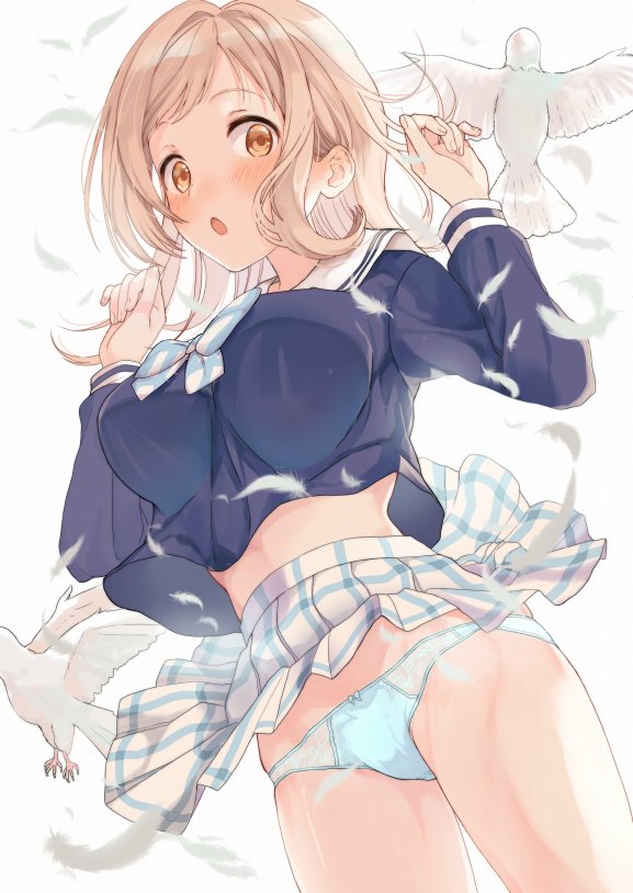 1girl bird blue_panties blue_ribbon blush breasts brown_eyes brown_hair feathers hands_up idolmaster idolmaster_shiny_colors long_hair long_sleeves looking_back medium_breasts midriff_peek open_mouth panties pantyshot pigeon plaid_clothes plaid_skirt ribbon sailor_collar sakuragi_mano school_uniform simple_background skirt skirt_flip solo standing surprised underwear white_background white_skirt wind wind_lift yuko_(haruruyuco)