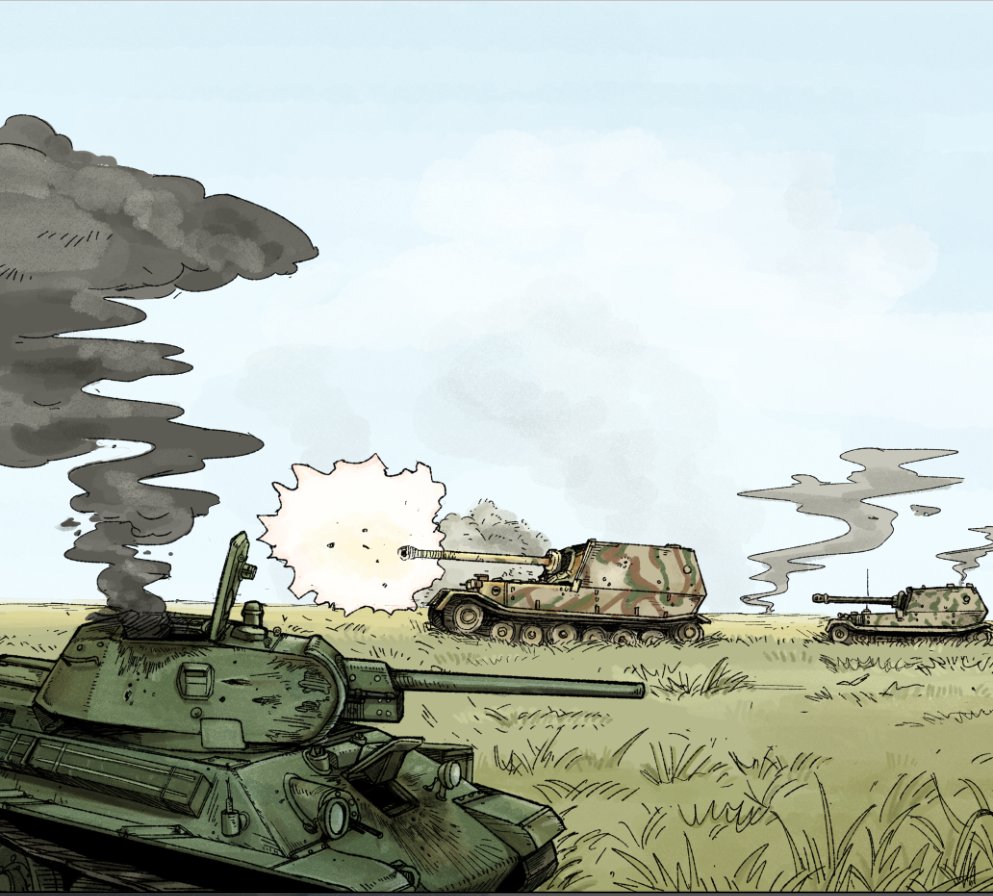 battle battle_of_kursk blue_sky camouflage cannon caterpillar_tracks elefant firing grass hatch military_vehicle motor_vehicle no_humans open_hatch real_life sky smoke t-34 tank thornjager vehicle_focus world_war_ii