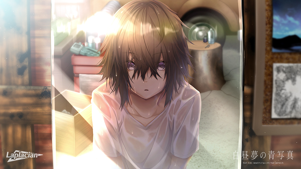 1boy amei_kanna brown_hair collarbone hair_between_eyes hakuchuumu_no_aojashin looking_at_viewer non-web_source official_art parted_lips purple_eyes shimofuri shirt short_hair solo wet wet_clothes wet_hair wet_shirt