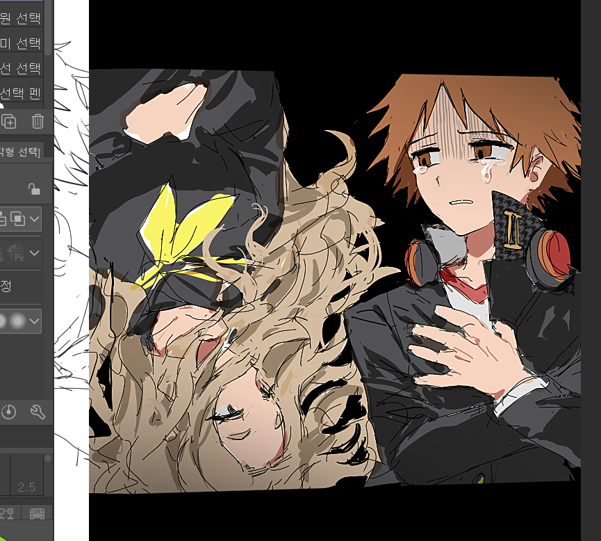 1boy 1girl art_program_in_frame brown_hair crying crying_with_eyes_open hanamura_yousuke headphones headphones_around_neck konishi_saki long_hair looking_at_another nt_26 persona persona_4 school_uniform tears yasogami_school_uniform